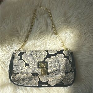 Anne Klein Sophisticated Black and Cream Floral Shoulder Bag with Gold Chain
